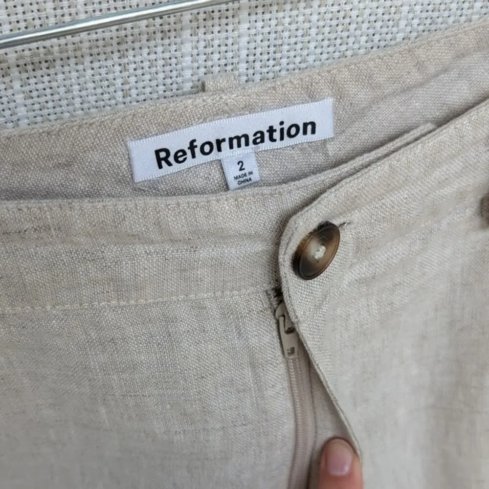 Reformation Freddie High-Rise Straight-Leg Natural 100% Linen Pants, size 2